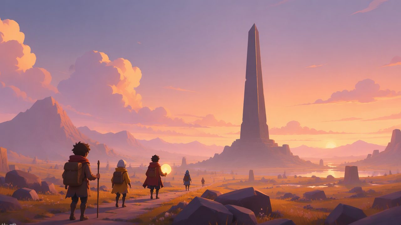 Hikers approach the Black Tower at dusk, the island’s central structure
