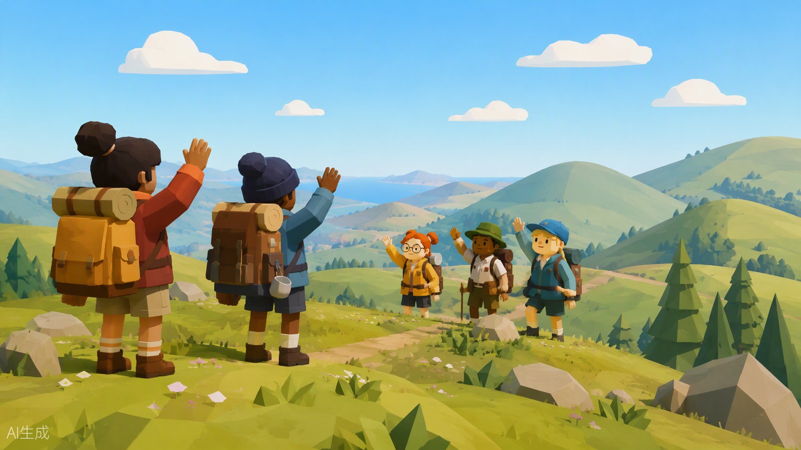 A group of hikers waves across a grassy ridge in Big Walk