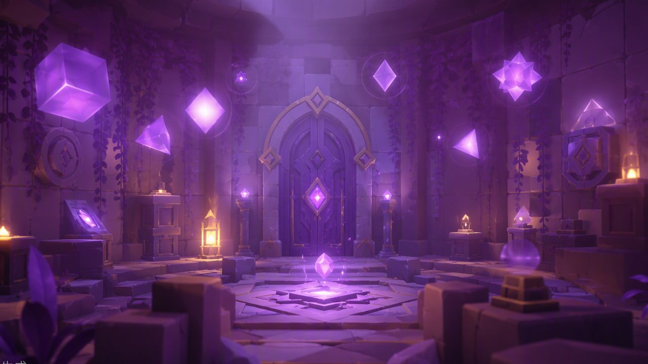 A mysterious purple-glowing puzzle chamber behind the secret door